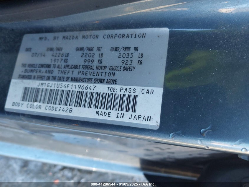 2015 MAZDA MAZDA6 VIN: JM1GJ1U54F1196647