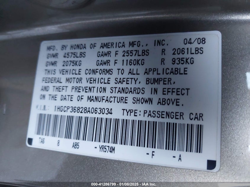 2008 HONDA ACCORD VIN: 1HGCP36828A063034