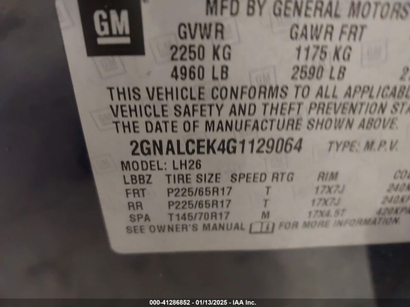 VIN 2GNALCEK4G1129064 2016 Chevrolet Equinox, LT no.9