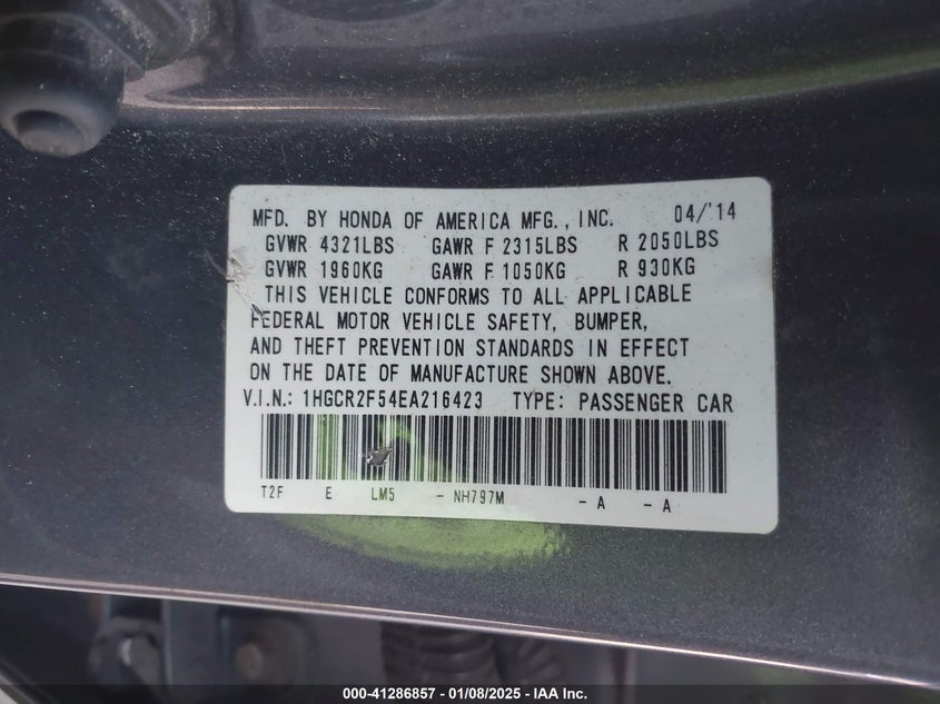 2014 HONDA ACCORD VIN: 1HGCR2F54EA216423