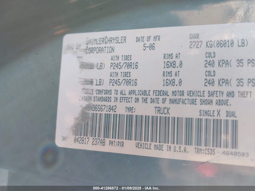 2006 DODGE DAKOTA VIN: 1D7HW48N96S671842