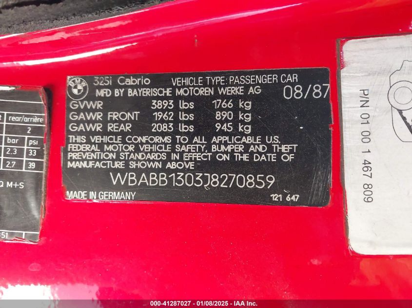 1988 BMW 325 I VIN: WBABB1303J8270859 Lot: 41287027
