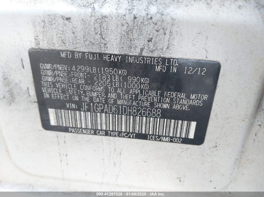 VIN JF1GPAD61DH826688 2013 Subaru Impreza, 2.0I Pre... no.9