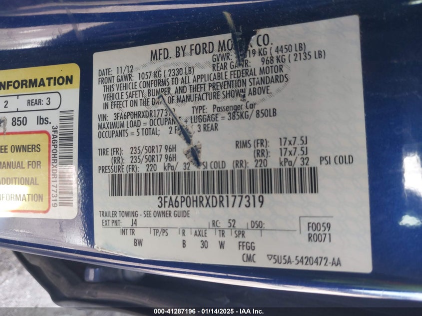 2013 FORD FUSION VIN: 3FA6P0HRXDR177319