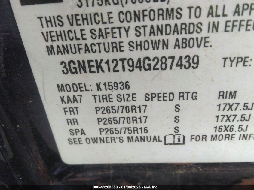 2004 Chevrolet Avalanche 1500 VIN: 3GNEK12T94G287439 Lot: 41287388