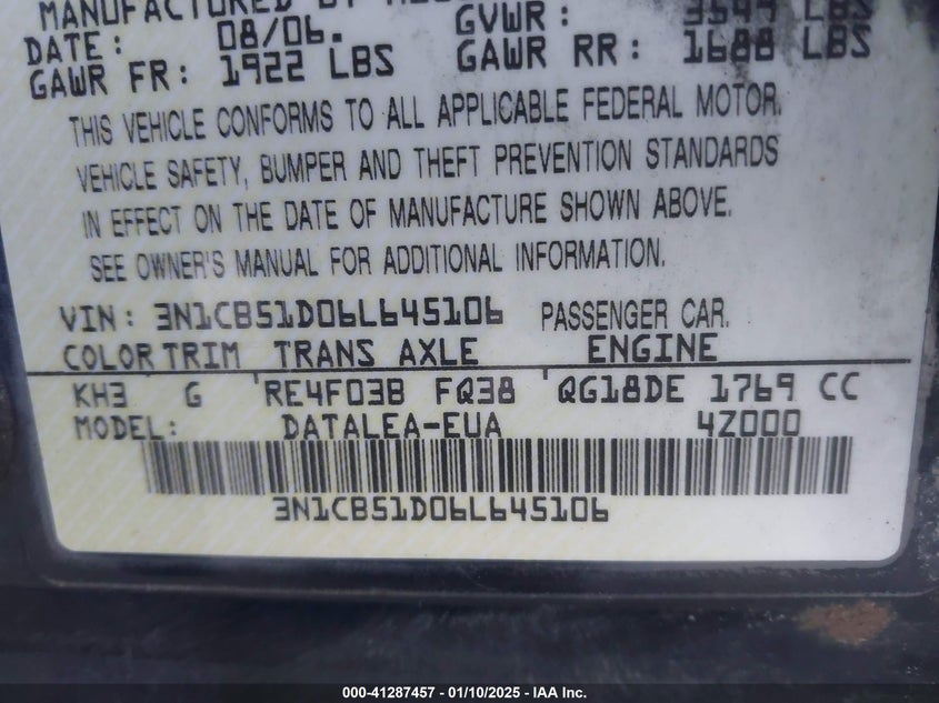 2006 NISSAN SENTRA VIN: 3N1CB51D06L645106
