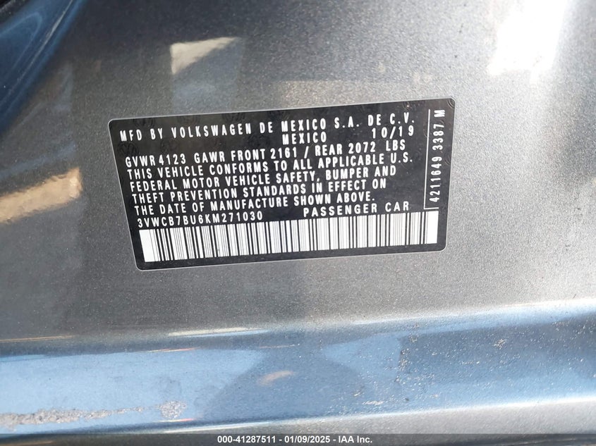 2019 VOLKSWAGEN JETTA VIN: 3VWCB7BU6KM271030