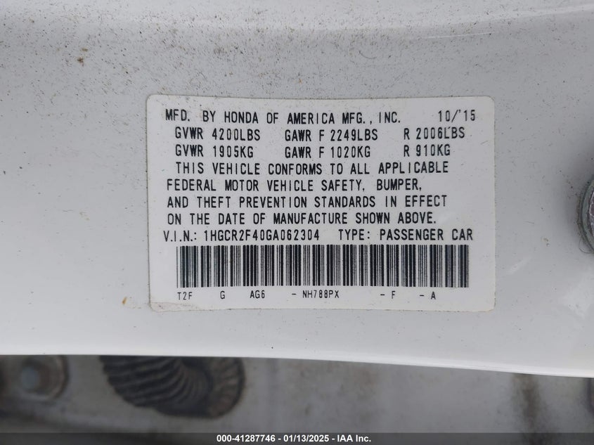 2016 HOND ACCORD SEDAN LX W/CO VIN: 1HGCR2F40GA062304
