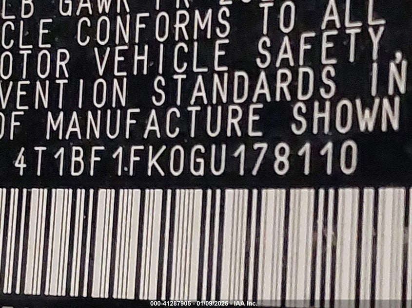2016 TOYOTA CAMRY VIN: 4T1BF1FK0GU178110