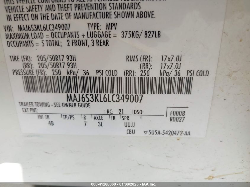 2020 Ford Ecosport Titanium VIN: MAJ6S3KL6LC349007 Lot: 41288060