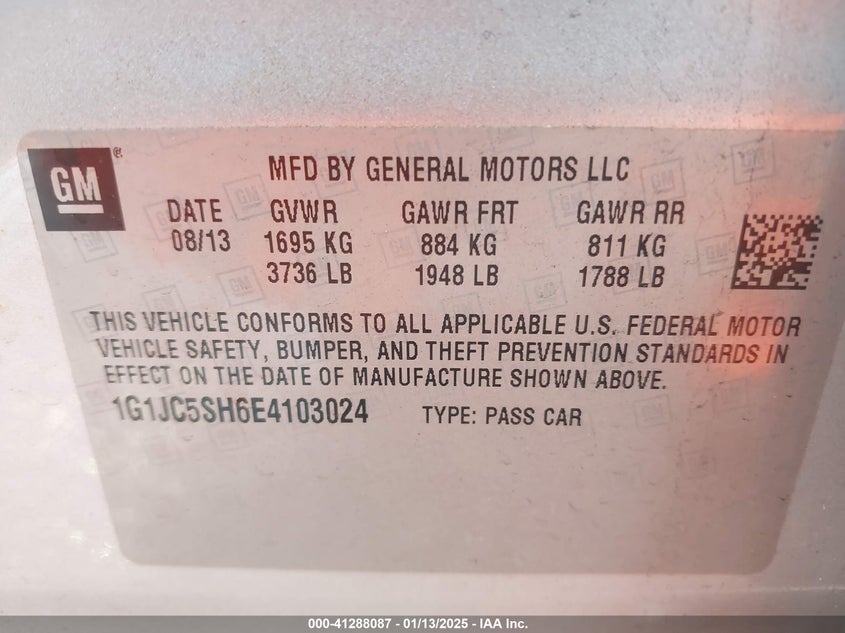 2014 CHEVROLET SONIC VIN: 1G1JC5SH6E4103024
