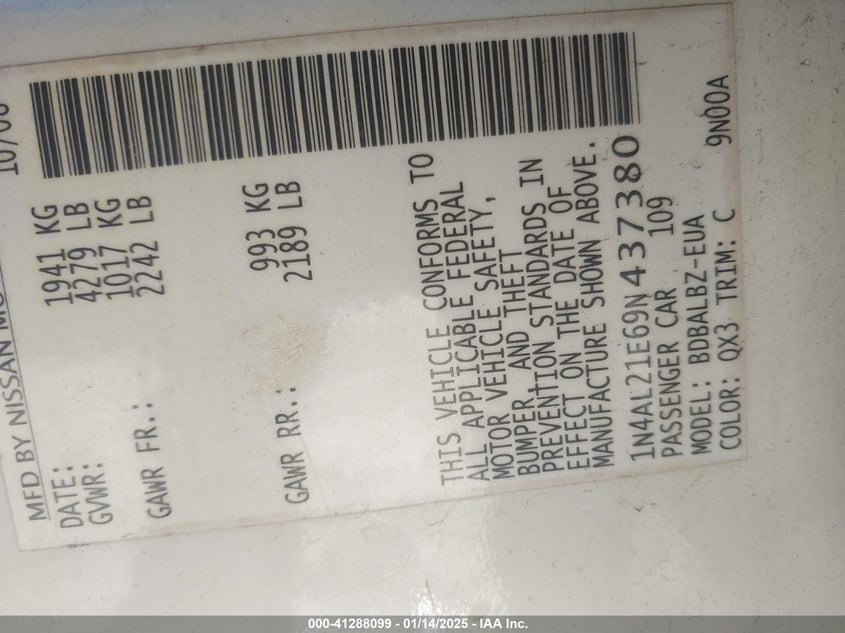 2009 NISSAN ALTIMA VIN: 1N4AL21E69N437380
