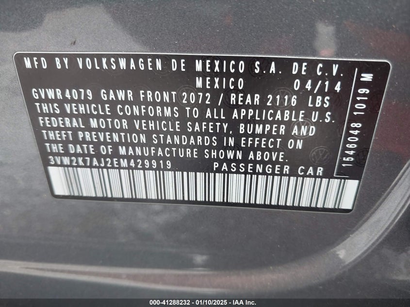 2014 VOLKSWAGEN JETTA 2.0L S - 3VW2K7AJ2EM429919