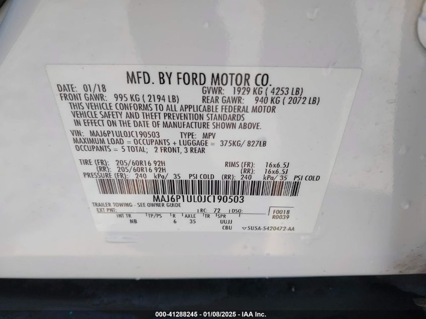 2018 Ford Ecosport Se VIN: MAJ6P1UL0JC190503 Lot: 41288245