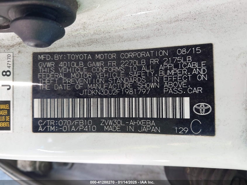 2015 TOYOTA PRIUS VIN: JTDKN3DU2F1981797