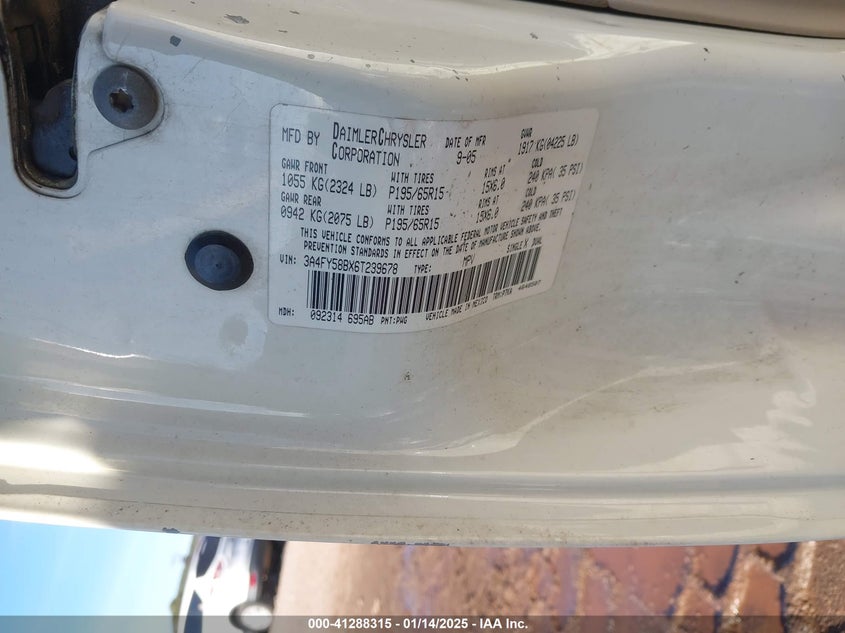 2006 CHRYSLER PT CRUISER VIN: 3A4FY58BX6T239678