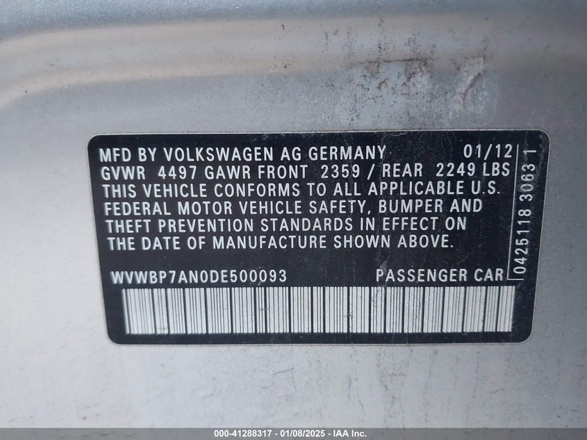 2013 VOLKSWAGEN CC VIN: WVWBP7AN0DE500093