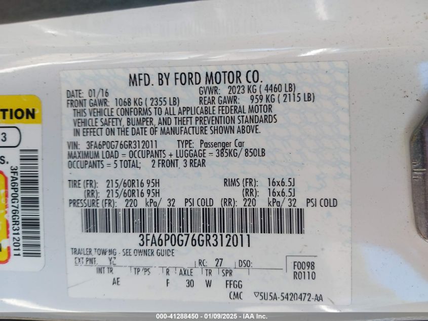 VIN 3FA6P0G76GR312011 2016 FORD FUSION no.9