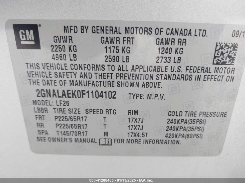 VIN 2GNALAEK0F1104102 2015 CHEVROLET EQUINOX no.9