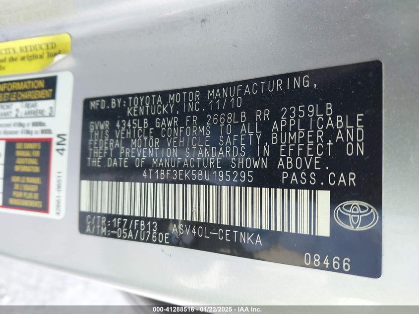 2011 Toyota Camry Le VIN: 4T1BF3EK5BU195295 Lot: 41288516