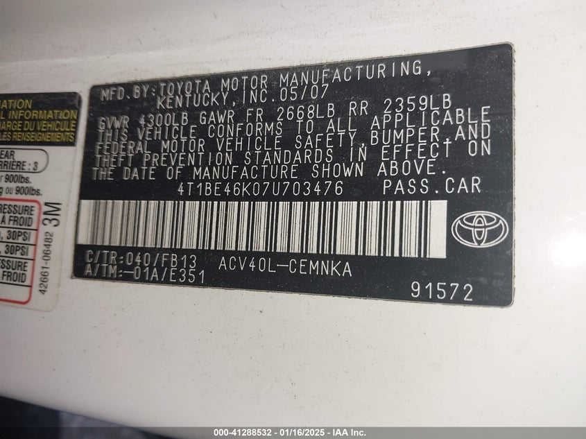 2007 TOYOTA CAMRY VIN: 4T1BE46K07U703476