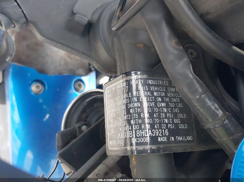 2017 Kawasaki Ex300 B VIN: JKAEX8B18HDA39216 Lot: 41288557