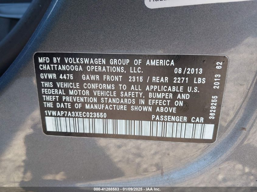 VIN 1VWAP7A3XEC023550 2014 Volkswagen Passat, 2.5L S no.9