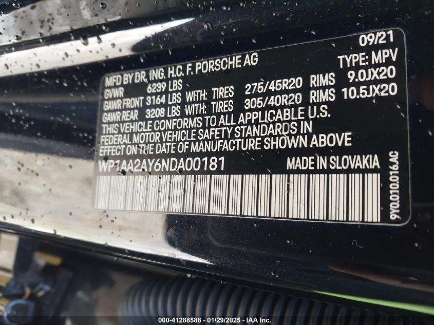 2022 Porsche Cayenne Platinum Edition VIN: WP1AA2AY6NDA00181 Lot: 41288588