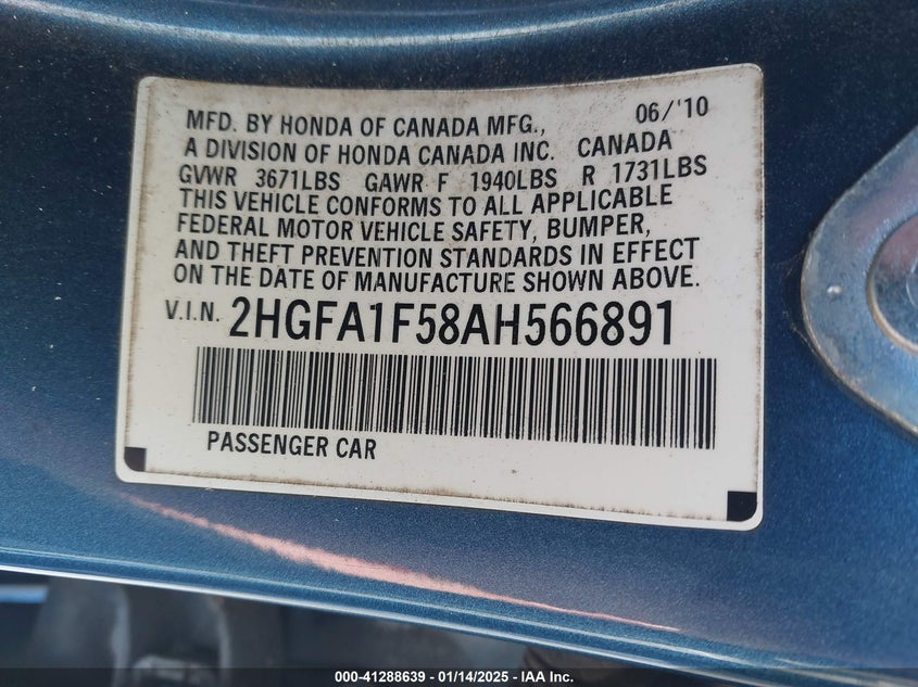 2010 HONDA CIVIC VIN: 2HGFA1F58AH566891