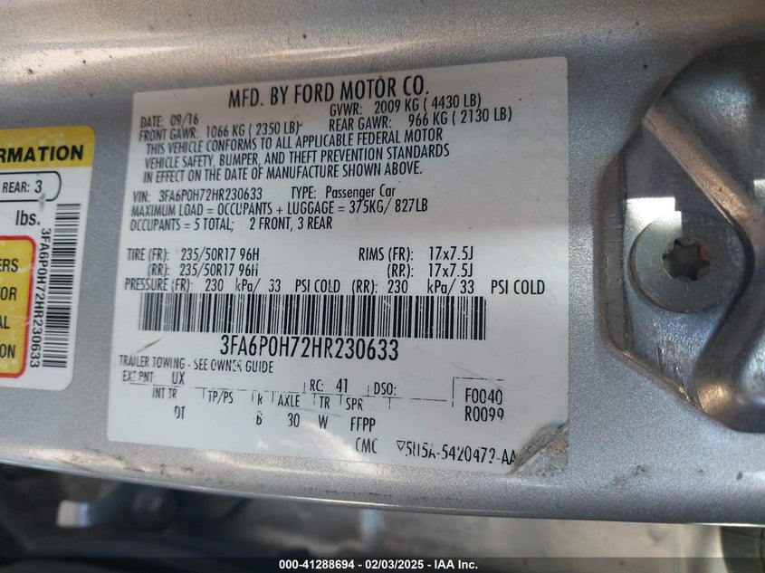 2017 FORD FUSION VIN: 3FA6P0H72HR230633