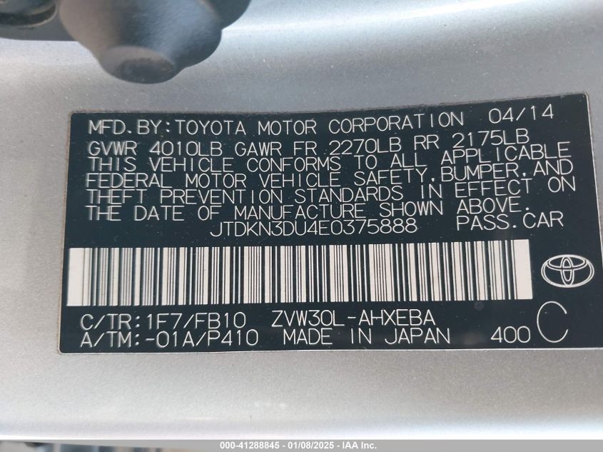 VIN JTDKN3DU4E0375888 2014 Toyota Prius, Two no.9