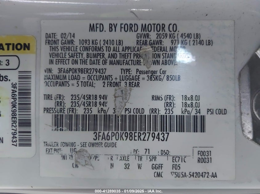 2014 FORD FUSION VIN: 3FA6P0K98ER279437