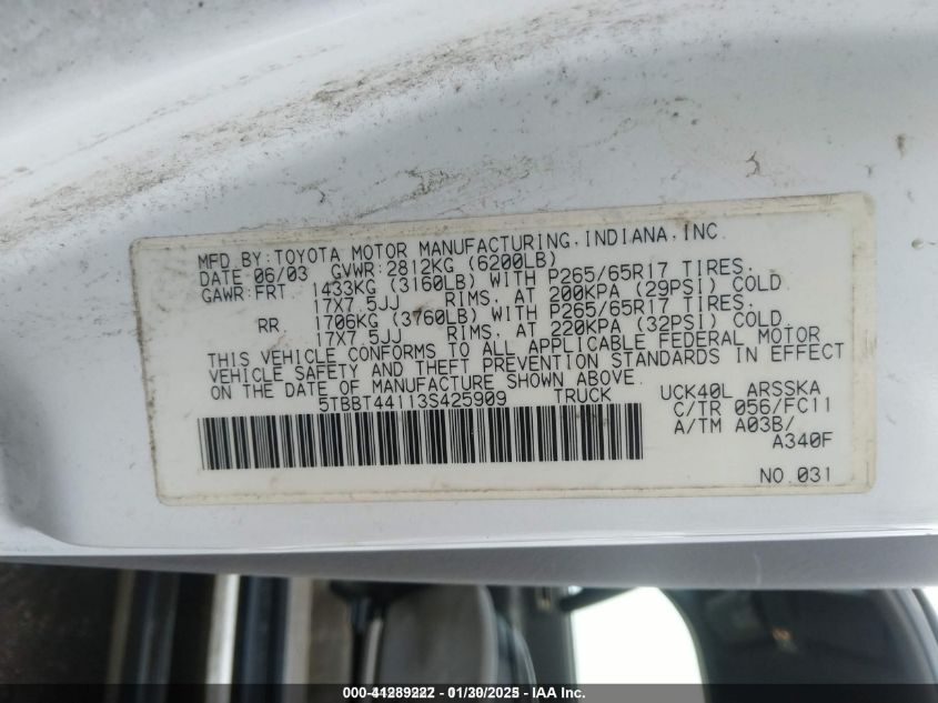 2003 Toyota Tundra Sr5 VIN: 5TBBT44113S425909 Lot: 41289222