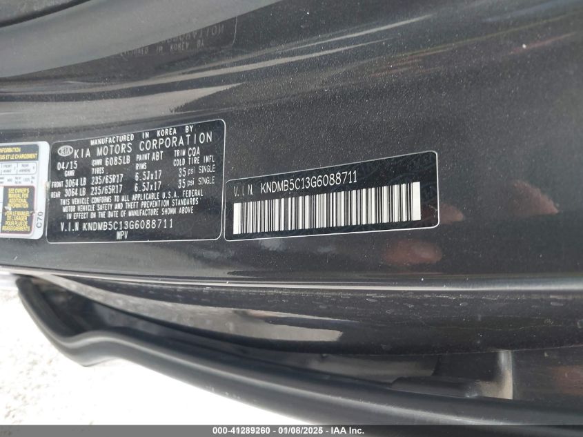 2016 Kia Sedona Lx VIN: KNDMB5C13G6088711 Lot: 43400340