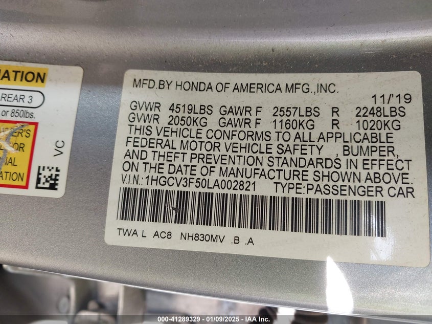 2020 HONDA ACCORD VIN: 1HGCV3F50LA002821