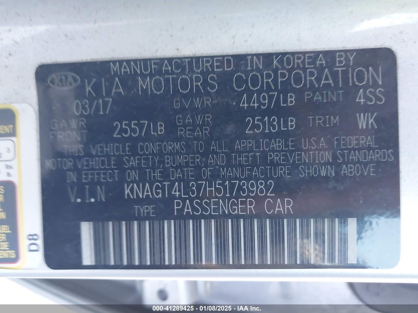 2017 KIA OPTIMA VIN: KNAGT4L37H5173982