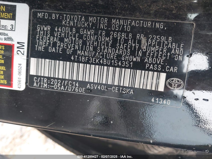 2011 TOYOTA CAMRY VIN: 4T1BF3EK4BU154351