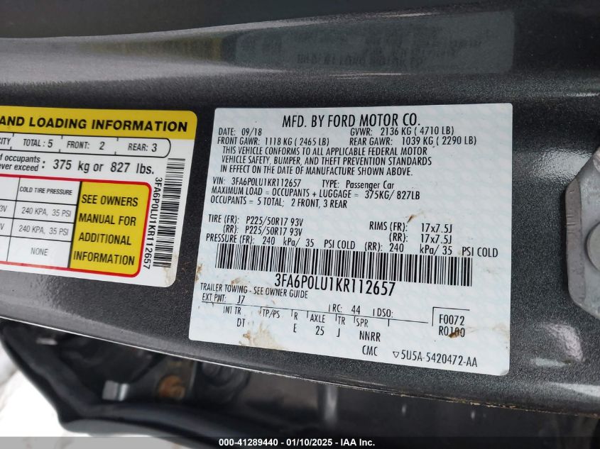 VIN 3FA6P0LU1KR112657 2019 Ford Fusion, Hybrid SE no.9