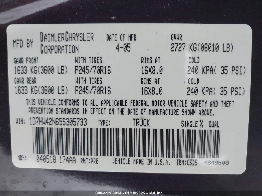 2005 Dodge Dakota Slt VIN: 1D7HW42N65S305733 Lot: 41289814
