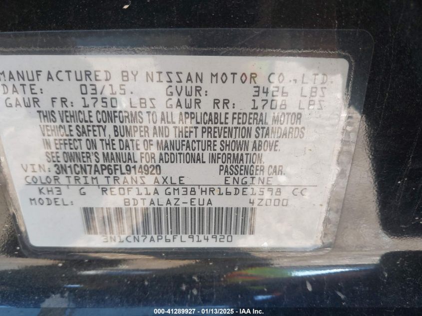 VIN 3N1CN7AP6FL914920 2015 NISSAN VERSA no.9