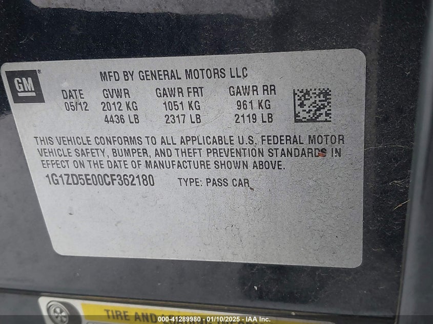 2012 CHEVROLET MALIBU VIN: 1G1ZD5E00CF362180