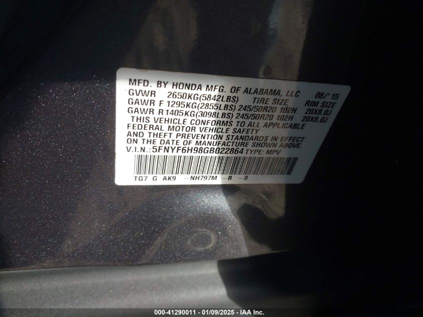 VIN 5FNYF6H98GB022864 2016 Honda Pilot, Touring no.9