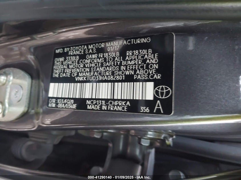 2017 TOYOTA YARIS VIN: VNKKTUD31HA082801