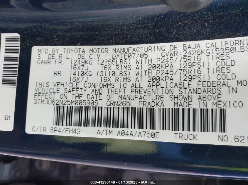 2005 Toyota Tacoma Prerunner V6 VIN: 3TMJU62N254005905 Lot: 41290148