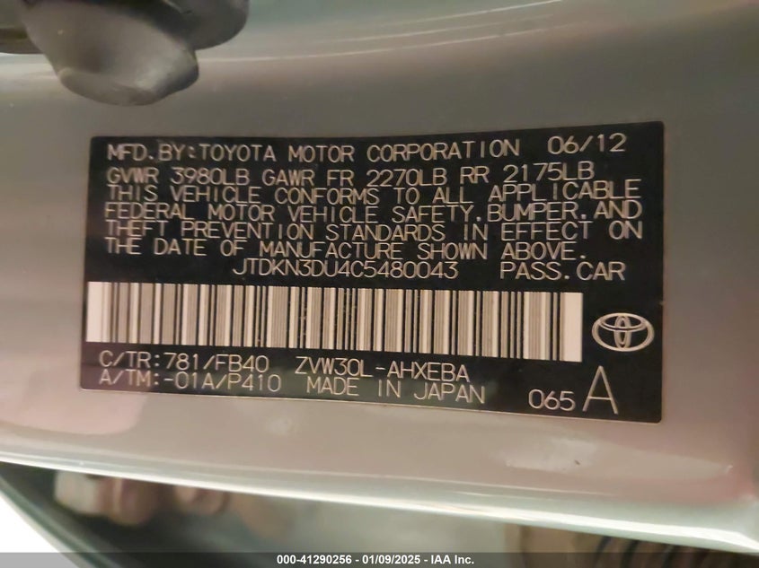 2012 TOYOTA PRIUS VIN: JTDKN3DU4C5480043