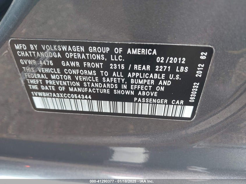 2012 VOLKSWAGEN PASSAT VIN: 1VWBH7A3XCC054344
