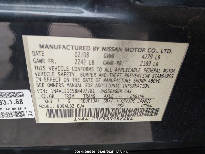 2008 NISSAN ALTIMA VIN: 1N4AL21E98N497281