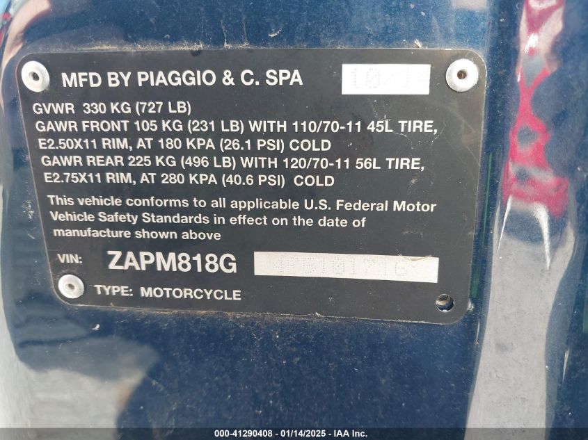 2004 Vespa Et2 VIN: ZAPC1631645008497 Lot: 41290408