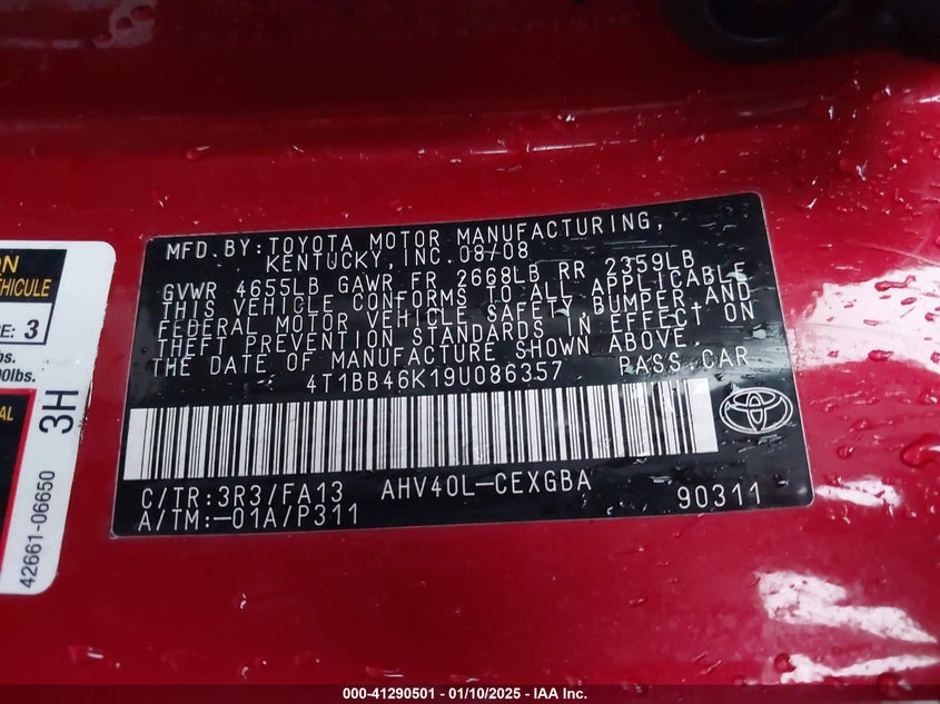2009 TOYOTA CAMRY HYBRID VIN: 4T1BB46K19U086357
