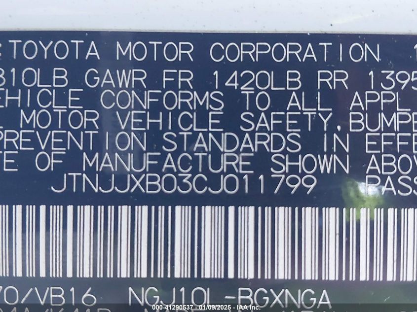 2012 Scion Iq VIN: JTNJJXB03CJ011799 Lot: 41290537